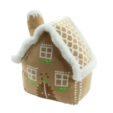 Ancol gingerbread house dog toy with tan plush body white fuzzy trim green holly and red-white festive dots