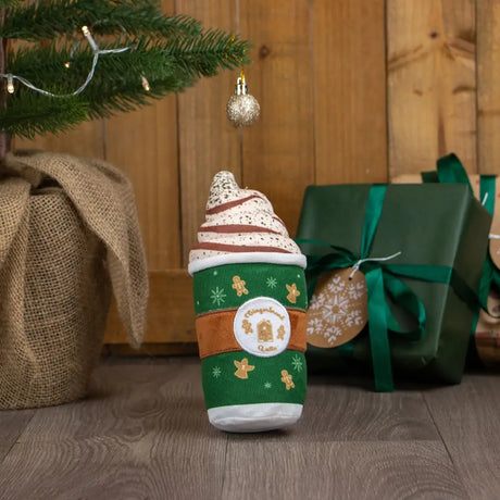 Ancol gingerbread latte plush toy shaped like green and brown soft-serve ice cream with gingerbread house design
