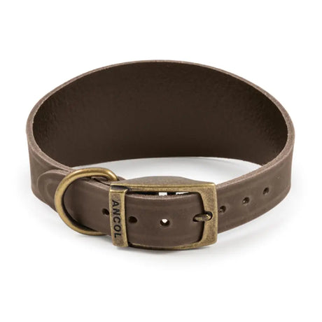 Brown leather ancol greyhound collar sable 19 with brass buckle and d-ring engraved timberwolf leather brand name