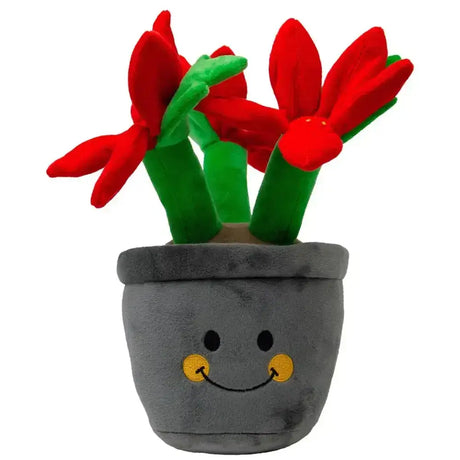 Gray plush plant pot with a smiling face and red fabric flowers ancol henrietta poinsettia design