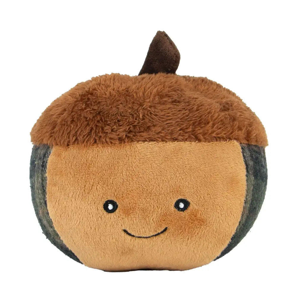 A plush ancol heritage annie acorn toy with a fuzzy brown cap tan body dark gray sides and embroidered smiling face