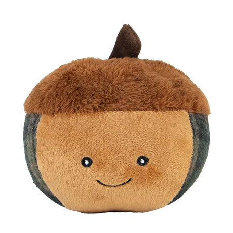 A plush ancol heritage annie acorn toy with a fuzzy brown cap tan body dark gray sides and embroidered smiling face