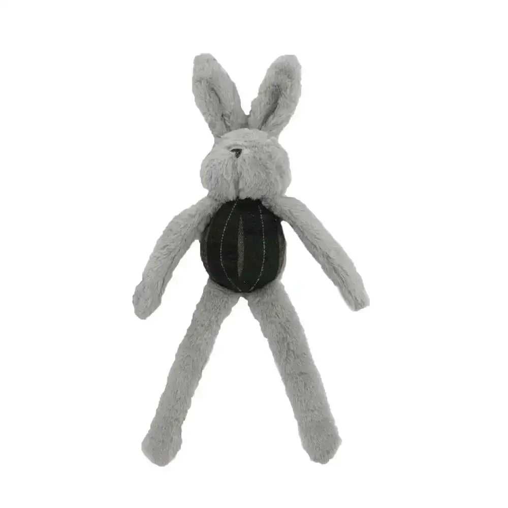 A soft gray plush rabbit from ancol heritage collection with long ears and a black belly patch floppy bunny dog toy
