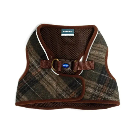 Brown and green plaid ancol heritage collection harness with mesh backing and adjustable strap from country harnesses feature