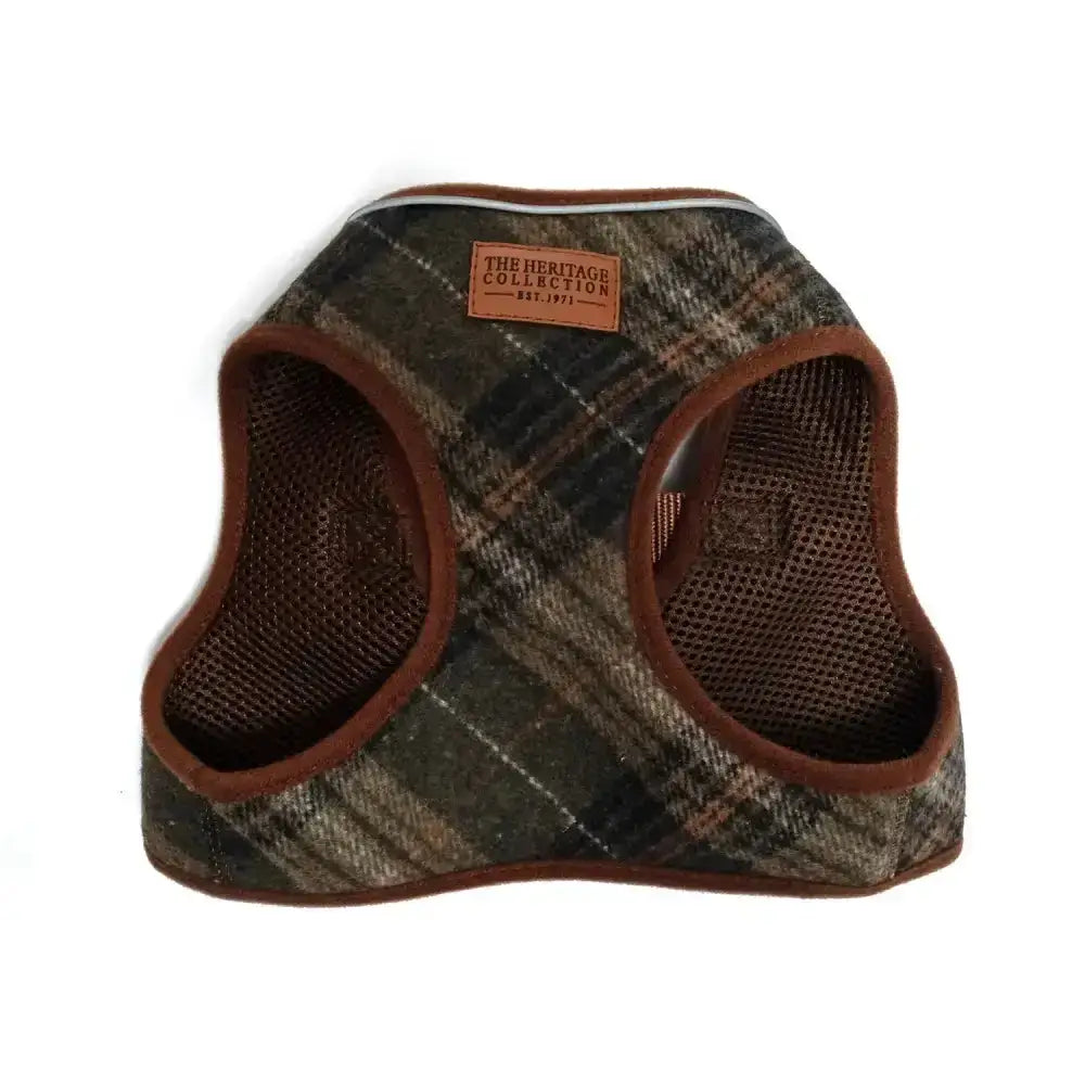 Brown and green plaid dog harness with mesh lining from ancol heritage collection country harnesses feature durability