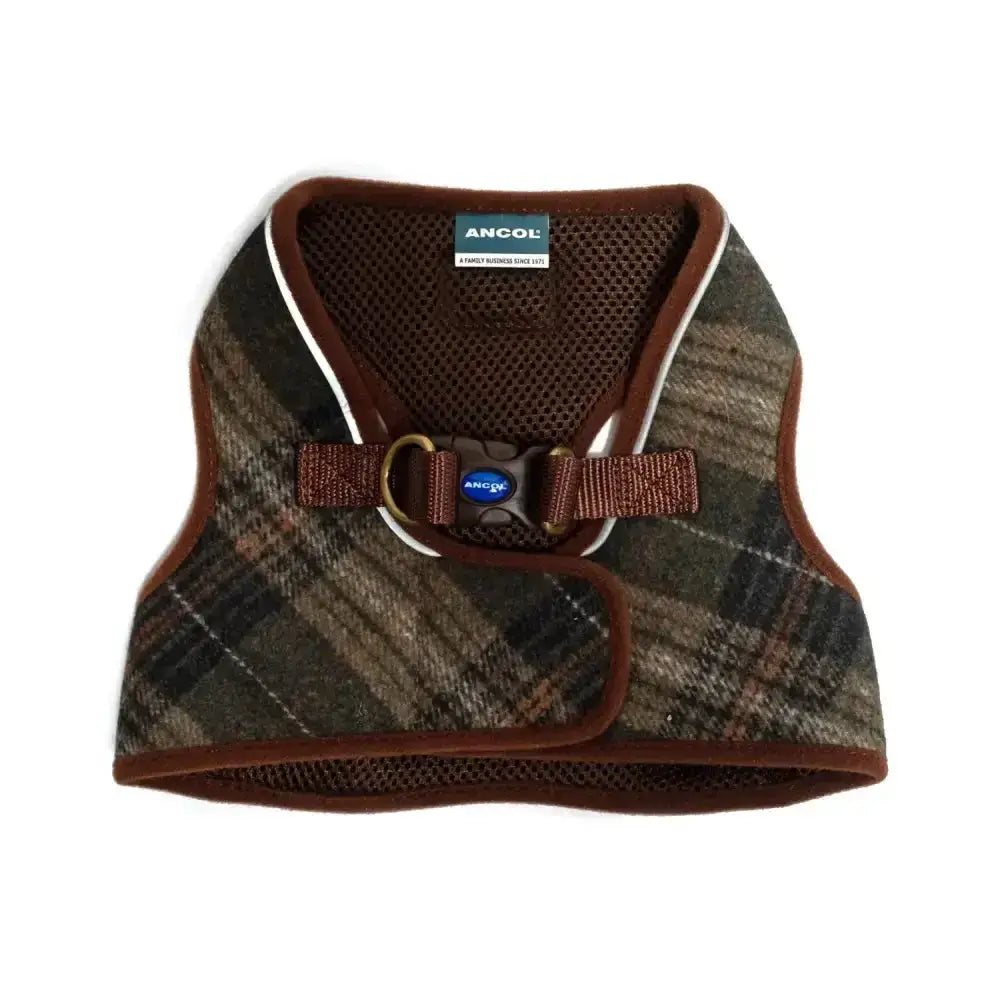 Brown and green plaid ancol heritage collection harness with mesh backing and adjustable strap from country harnesses feature