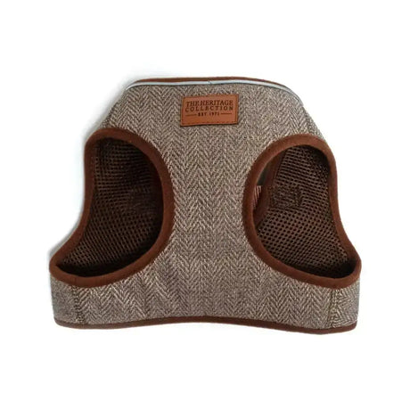 Tan herringbone pattern ancol heritage collection harness with brown mesh lining and leather trim for dogs