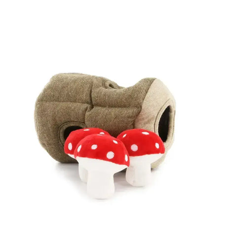 Ancol heritage collection plush mushroom tree dog toy with textured beige fabric and three red polka dot mushrooms