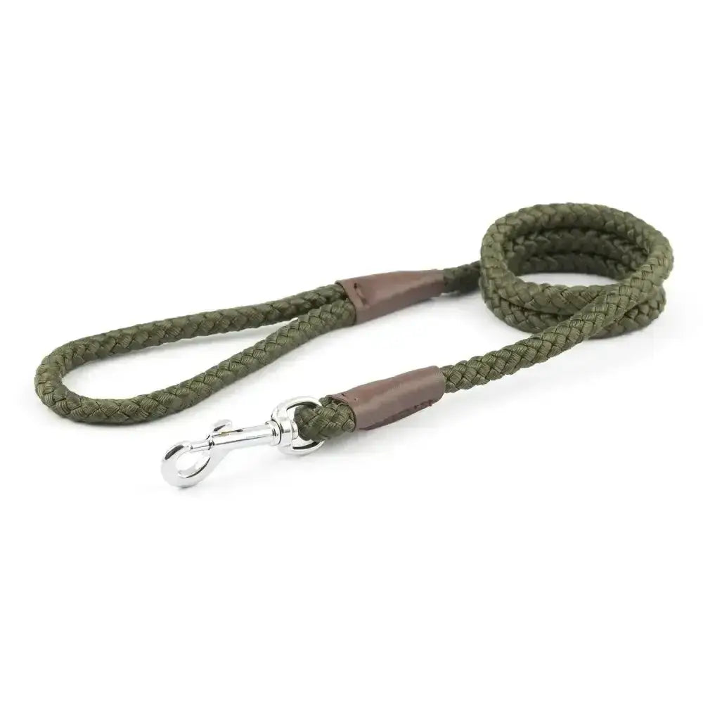 Olive green braided dog leash with brown leather handles and silver clasp from ancol heritage collection rope lead