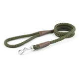 Olive green braided dog leash with brown leather handles and silver clasp from ancol heritage collection rope lead
