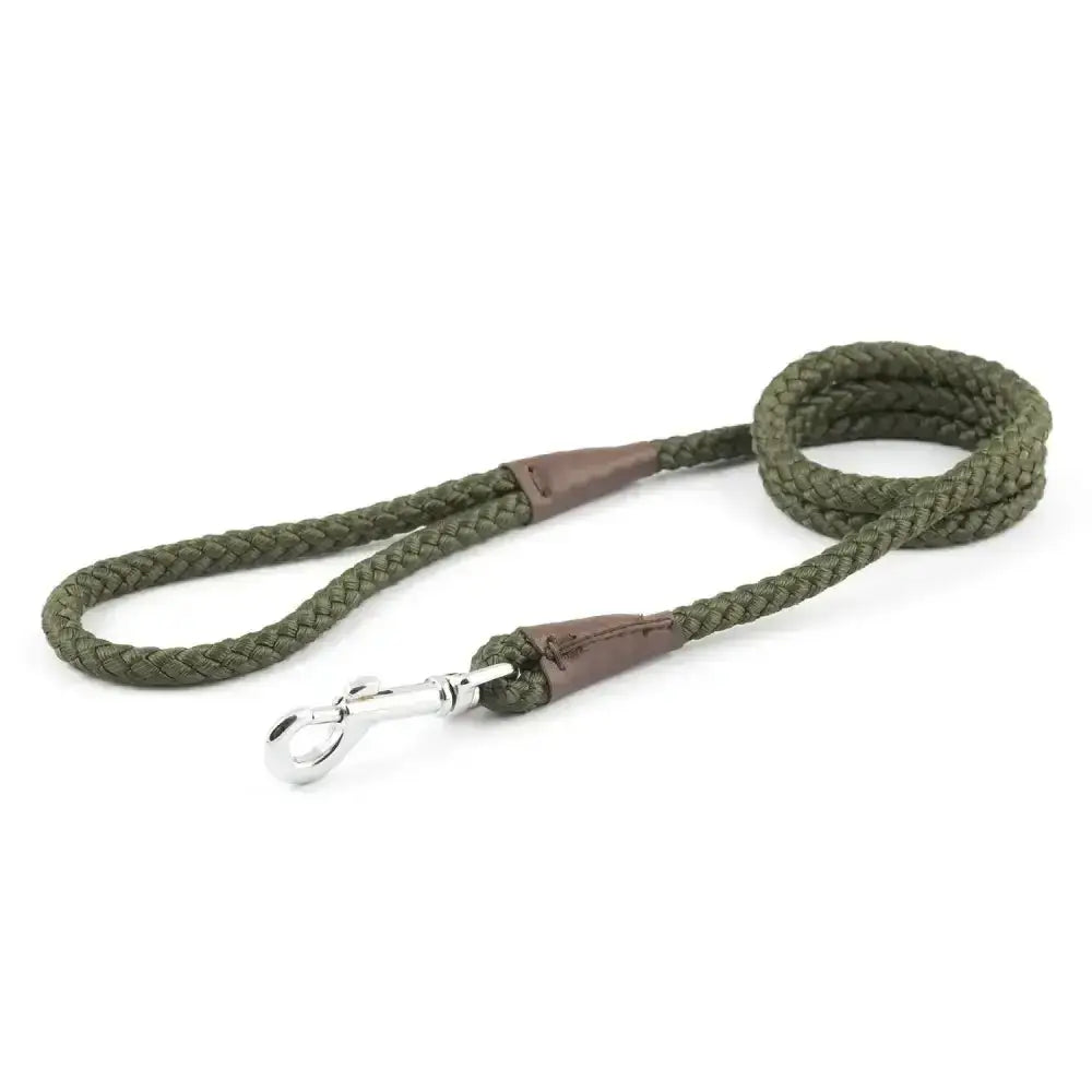 Olive green braided rope dog leash with brown leather handles and silver clasp from ancol heritage collection rope lead