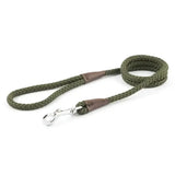 Olive green braided rope dog leash with brown leather handles and silver clasp from ancol heritage collection rope lead