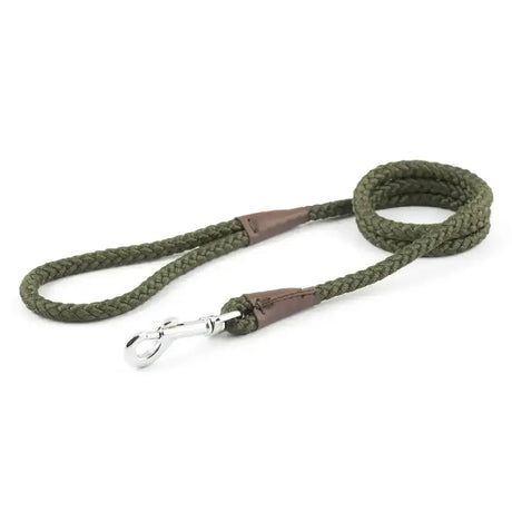 Olive green braided rope dog leash with brown leather handles and silver clasp from ancol heritage collection rope lead