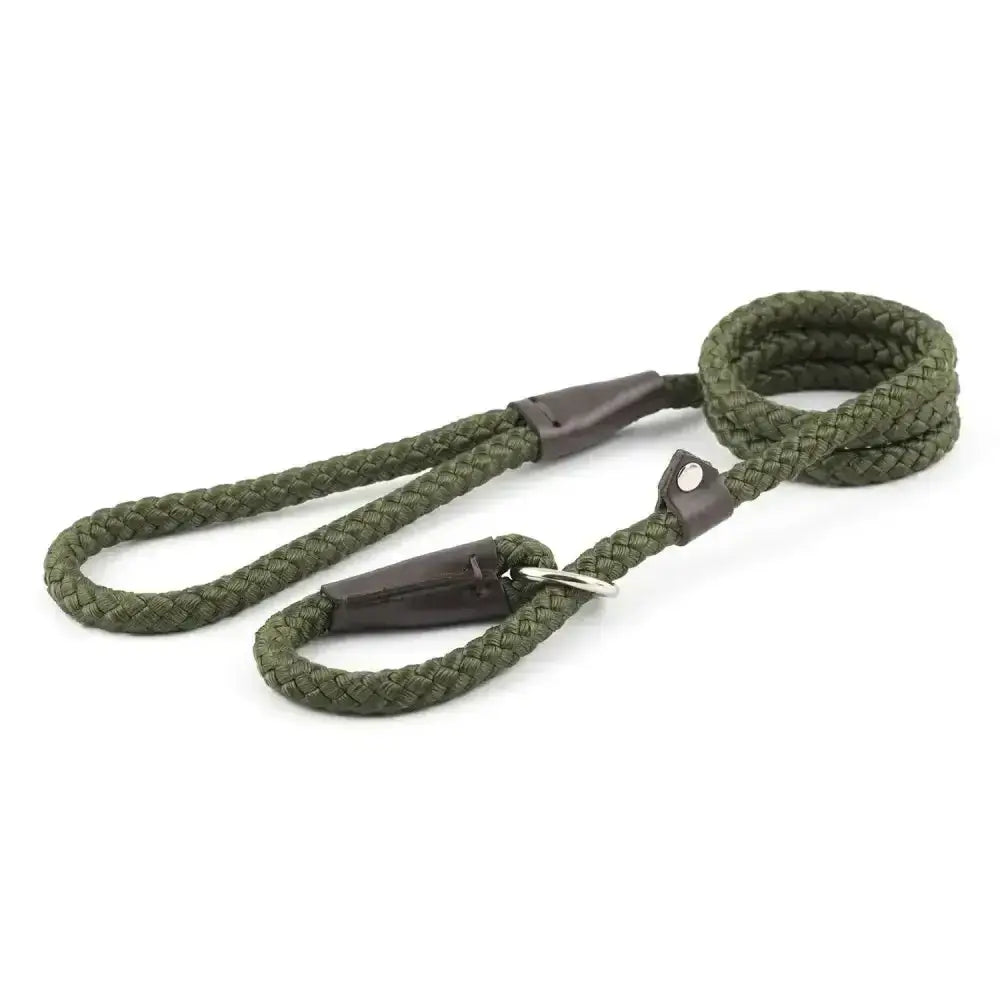 Olive green braided rope dog leash with dark brown leather handles and silver ring from ancol heritage collection slip lead