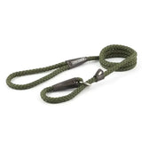 Olive green braided rope dog leash with dark brown leather handle and metal ring from ancol heritage collection slip lead