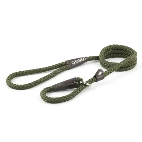 Olive green braided rope dog leash with dark brown leather handle and metal ring from ancol heritage collection slip lead