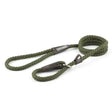 Olive green braided rope dog leash with dark brown leather handle and ancol tag from the ancol heritage collection slip lead
