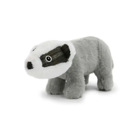 A plush ancol heritage collection tartan badger dog toy with soft gray body white face and black eye markings
