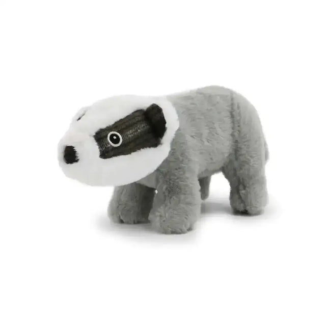 A plush ancol heritage collection tartan badger dog toy with soft gray body white face and black eye markings