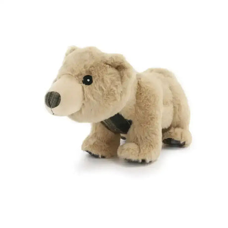 A plush beige ancol heritage collection tartan bear dog toy with soft fur, black button eyes, and a dark brown nose