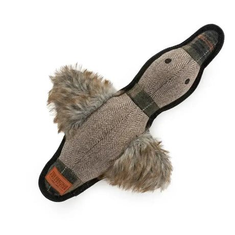 Ancol heritage collection tweed duck dog toy plush beige herringbone fabric with gray faux fur tail and wings
