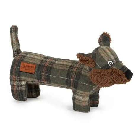 Ancol heritage collection tweed fox dog toy with plaid pattern brown plush accents and black nose doorstop design
