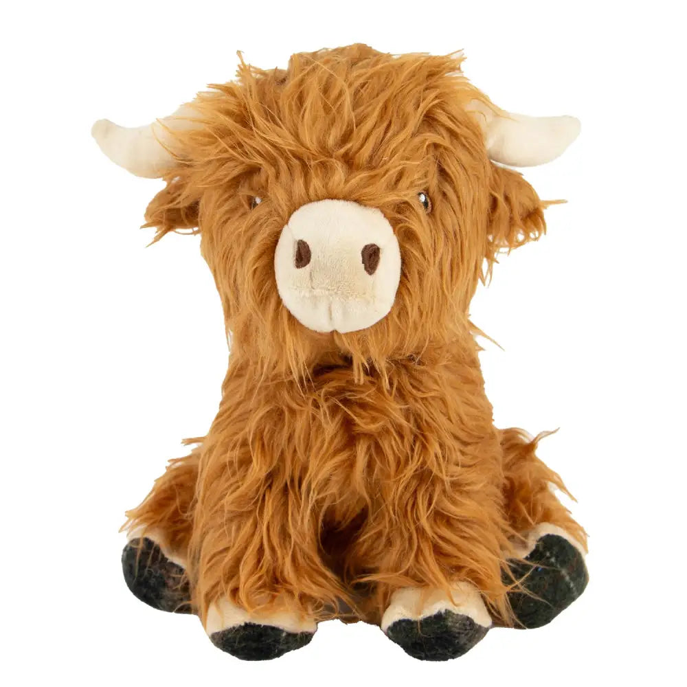 A plush heritage fergus highland cow toy with shaggy brown fur white horns and black hooves by ancol heritage ferguson