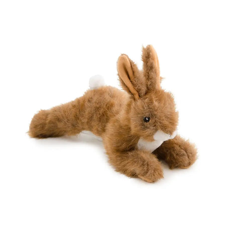 A plush brown ancol heritage hare dog toy with soft fur and white belly accents lying in a relaxed pose