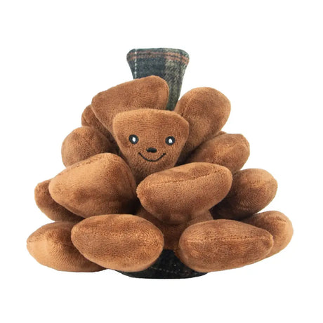 Brown plush ancol heritage peter pine cone toy with smiling face and plaid fabric hat for pets