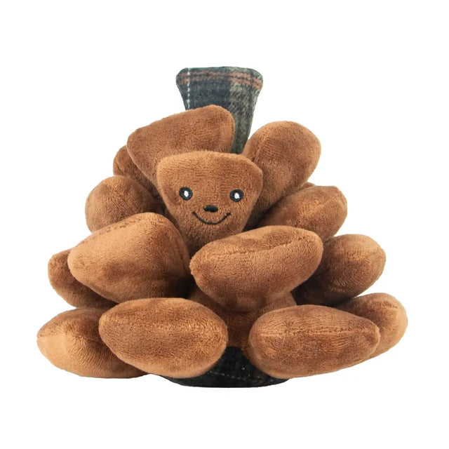 Brown plush ancol heritage peter pine cone toy with smiling face and plaid fabric hat for pets