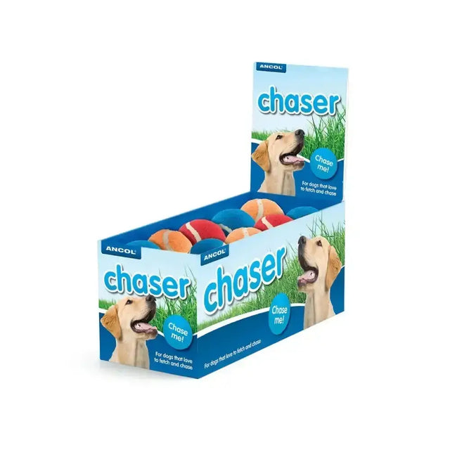 Blue and white cardboard box of colorful soft rubber ancol high bounce tennis ball dog toys labeled chaser