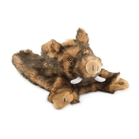 A plush ancol huge hog dog toy with brown tan fur white tusks pink snout and yellow eyes perfect for play
