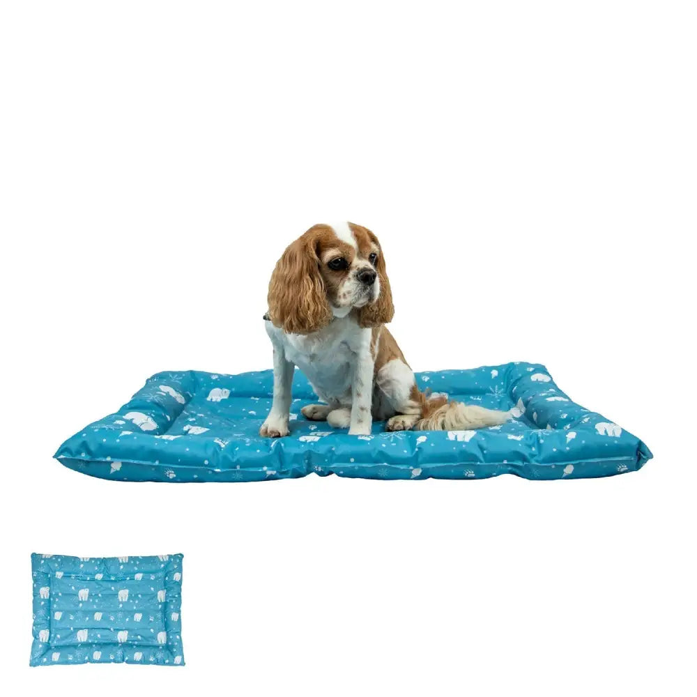 Blue inflatable ancol ice paws cooling bed with white elephant prints designed for paws cooling comfort