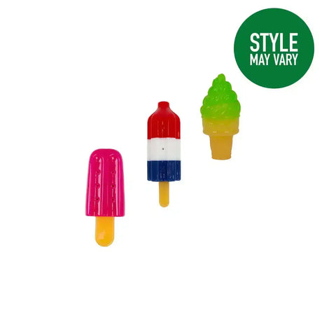Three colorful ancol ice paws paws ice lolly cooling toy fridge magnets shaped like popsicles and ice cream cones