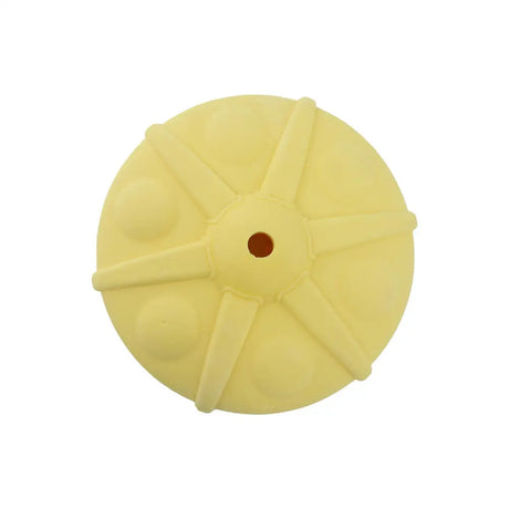 Yellow star-shaped silicone jawable flying disc dog toy with central hole from ancol jawable for easy chewing