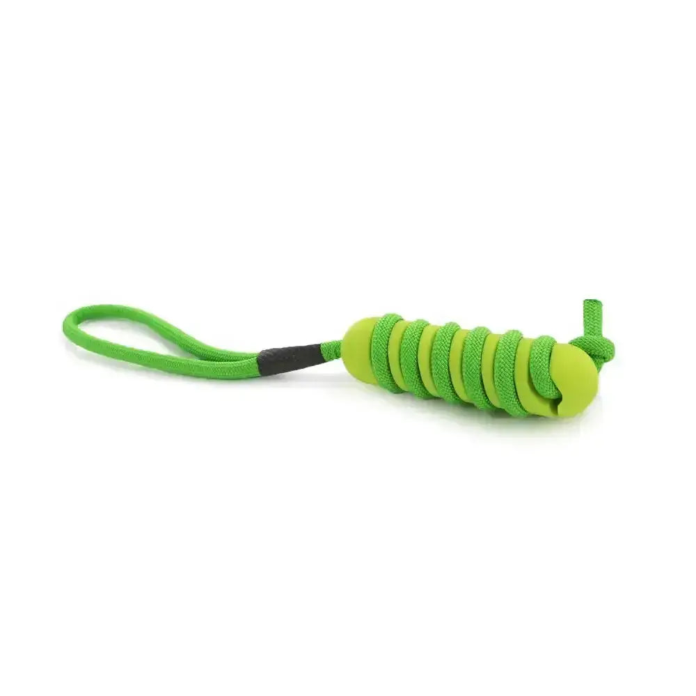 Bright green rope toy dog with black handle loop designed for tugging games from ancol jawables 2 in 1 rope toy