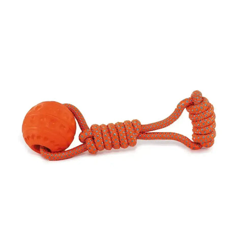 Orange ancol jawables ball tug dog toy with textured surface and braided rope handle in high visibility colours