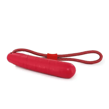 Red ancol jawables dummy dog toy with textured high density polymer surface and red braided rope handle