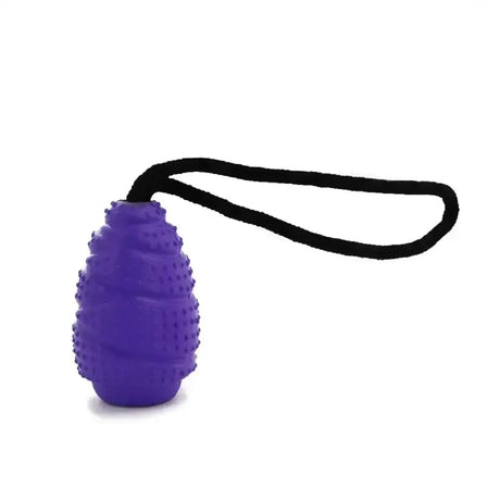 Purple silicone ancol jawables grenade dog toy shaped like a grenade with a black loop handle for chewing fun