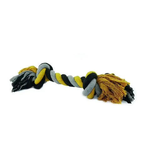 Ancol Jumbo Jaws rope dog toy with colorful braided black gray and yellow sections ending in frayed tassels