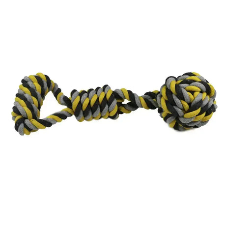Ancol jumbo jaws yellow black and gray braided rope jaws tugger dog toy with knotted handle and ball end