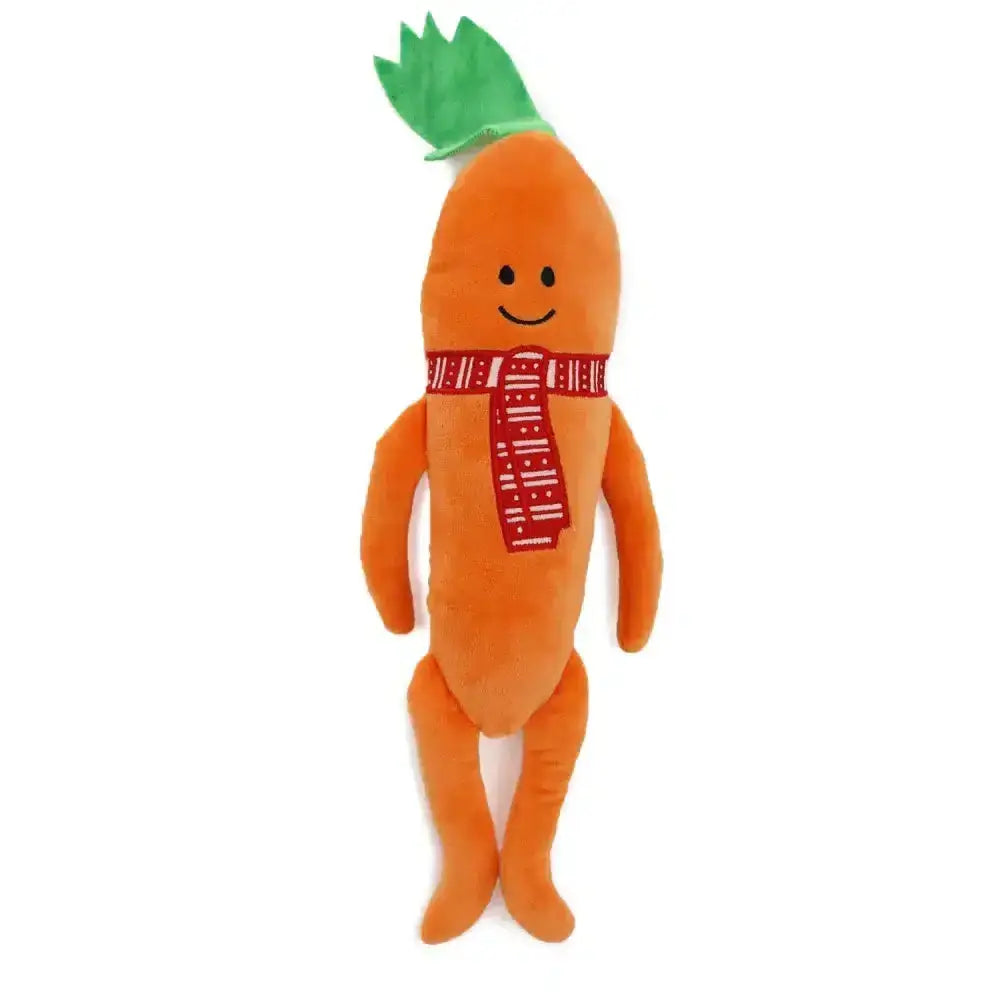 Orange plush carrot dog toy with green leafy top and red scarf from ancol katie carrot collection