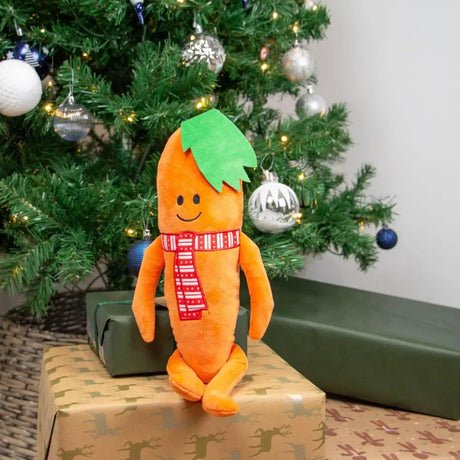 Ancol katie orange plush carrot toy with green leafy top and red striped scarf for equestrian horses play