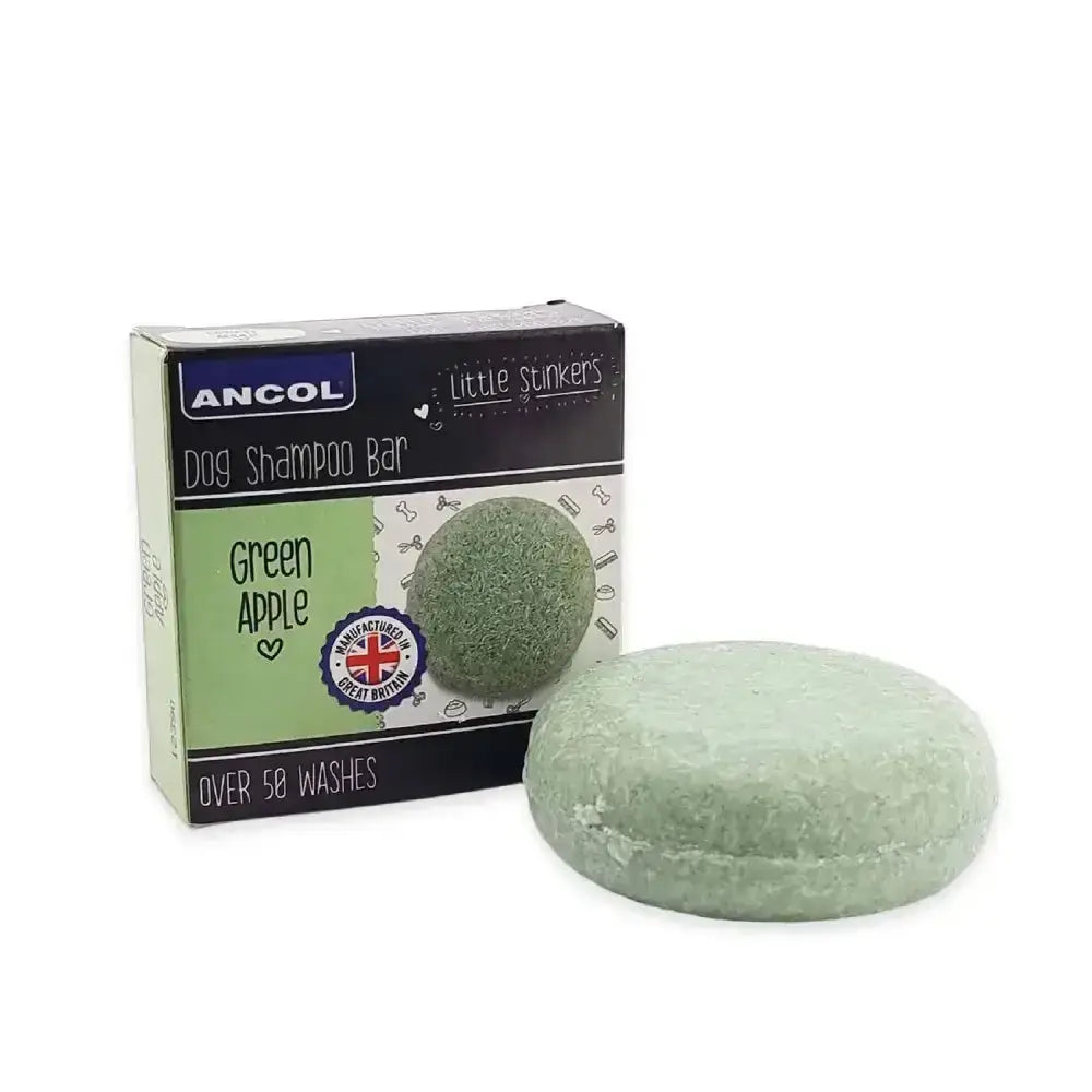 Green apple scented round dog shampoo bar from ancol little stinkers dog shampoo with fresh fragrances