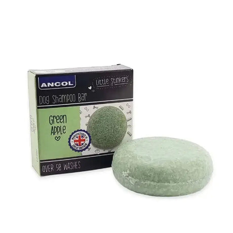 Green apple scented round dog shampoo bar from ancol little stinkers dog shampoo with fresh fragrances