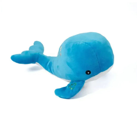 Ancol made cuddler oshi whale dog toy soft light blue plush with white underbelly and black button eye