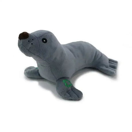 A soft gray cuddler seal dog toy by ancol with brown nose black eyes and green embroidered paw details using recycled materials
