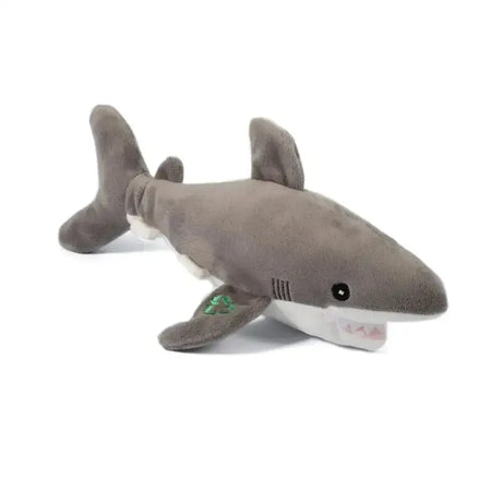 Gray cuddler shark dog toy with white belly and stitched green recycling symbol utilises recycled materials