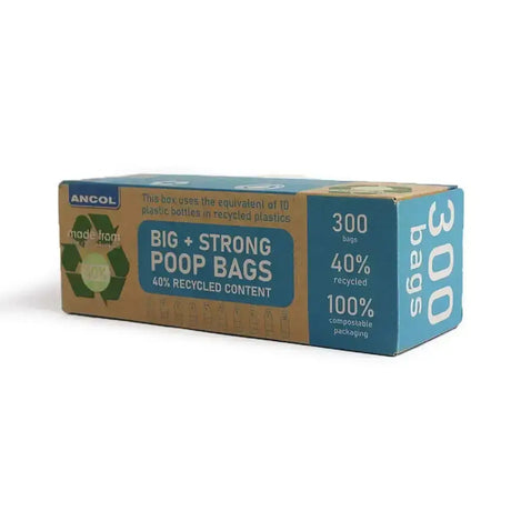 A tan and teal ancol giant poop bag box with 300 bags made from 40 percent recycled ocean bound plastics content