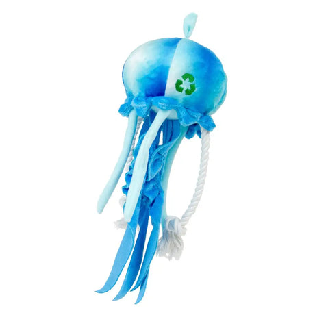 Blue plush jellyfish dog toy ancol made with green recycling symbol and white rope handle for equestrian play
